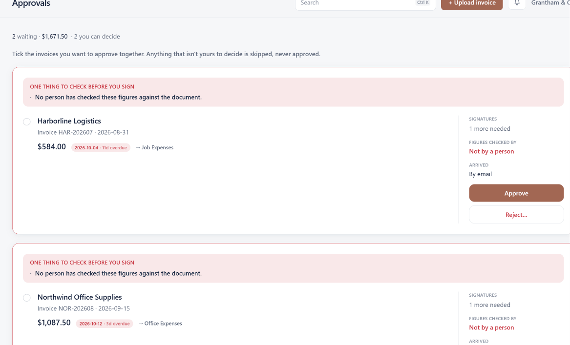 An approval queue entry headed “one thing to check before you sign”, showing signatures still needed, who checked the figures, and how the invoice arrived.