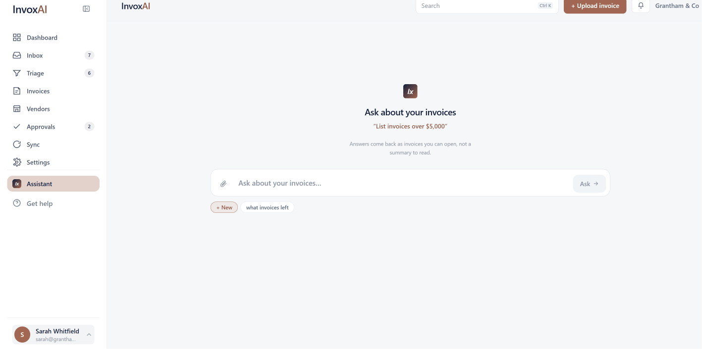 The assistant's opening screen, headed “Ask about your invoices”, suggesting “List invoices over $5,000” above a box to type a question, with a note that answers come back as invoices you can open rather than a summary to read.